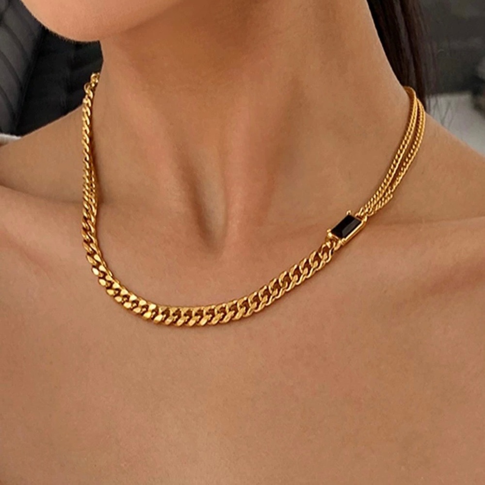 Thick Chain Necklace Gold, Black Onyx Necklace, Two Chain Necklace, Layerable